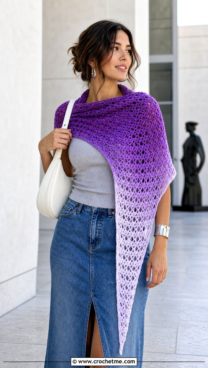 Asymmetrical Crochet Fade Shawl With Denim Midi Skirt - 15 Crochet Fade Shawl outfit ideas