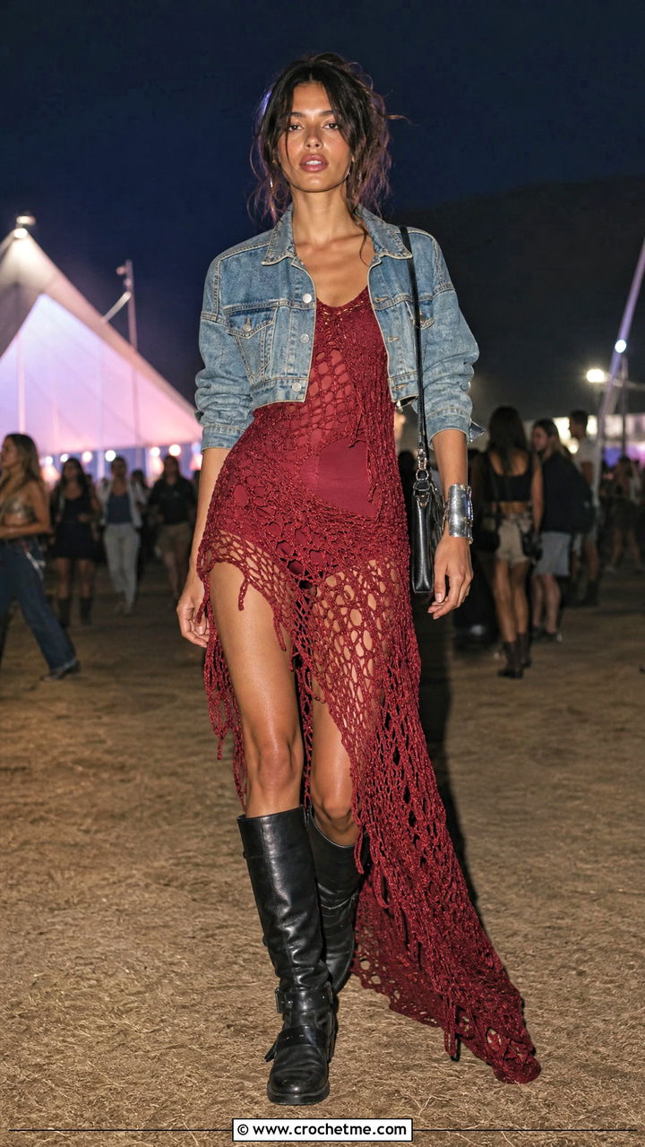 Asymmetrical Crochet Festival Dress With Tall Boots - 35 crochet festival dress outfit ideas