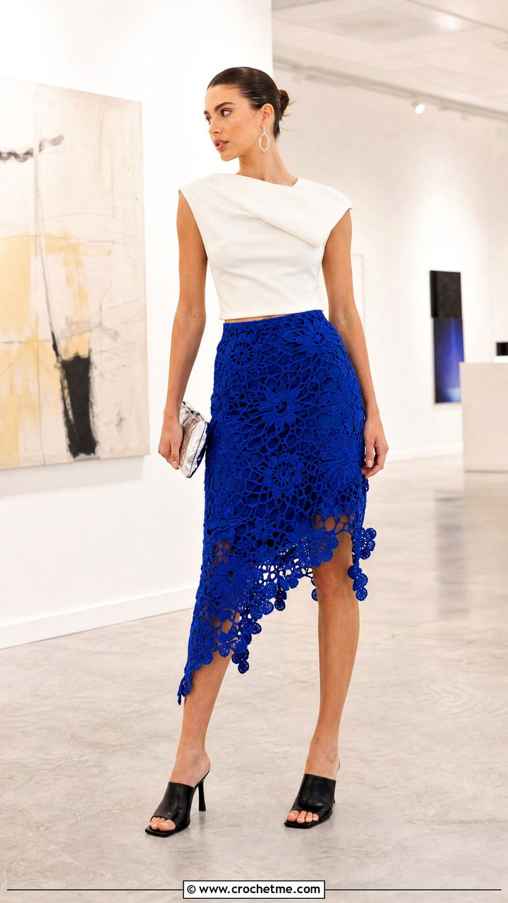 Asymmetrical Crochet Flower Skirt With Sculptural Top - 35 crochet flower skirt outfit ideas