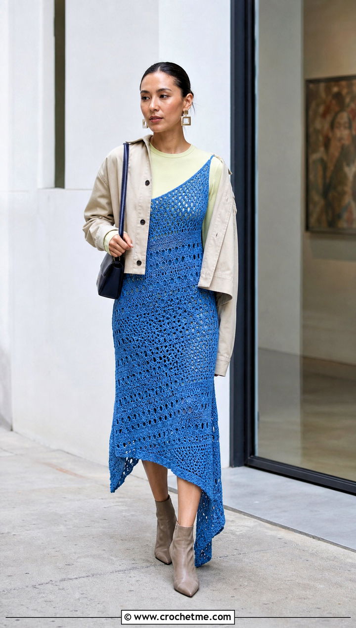 Asymmetrical Crochet Gown Dress With Ankle Boots - 25 Crochet Gown Dress outfit ideas