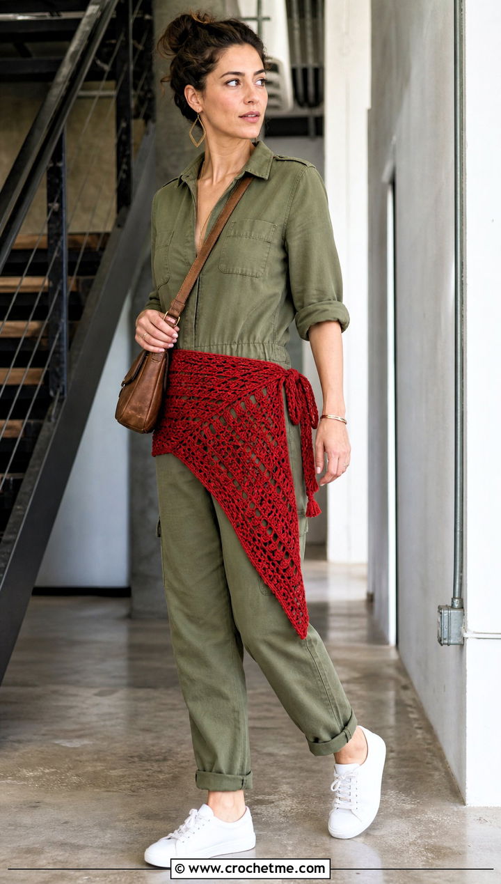 Asymmetrical Crochet Hip Scarf With Utility Jumpsuit - 30 Crochet Hip Scarf outfit ideas