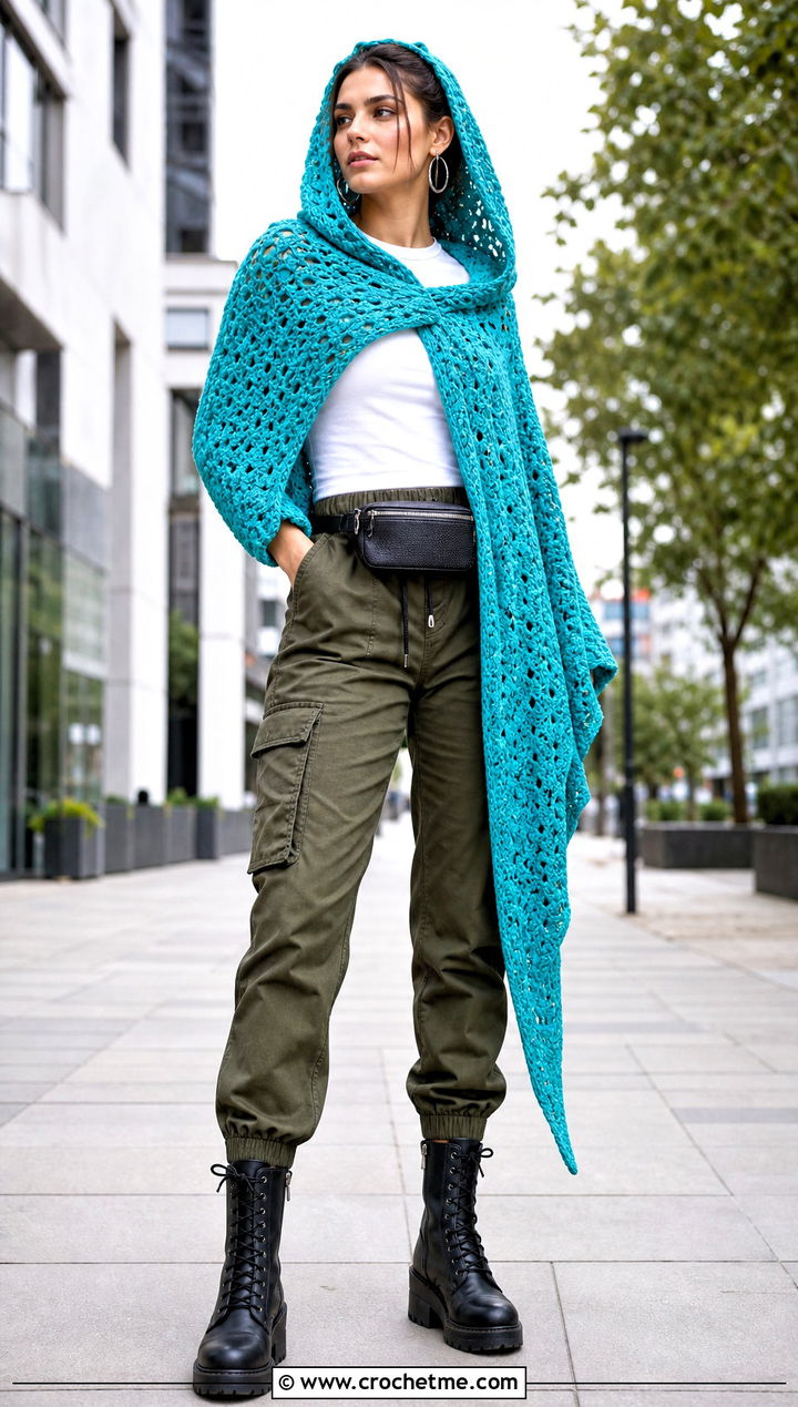 Asymmetrical Crochet Hooded Shawl With Cargo Pants - 35 crochet hooded shawl outfit ideas