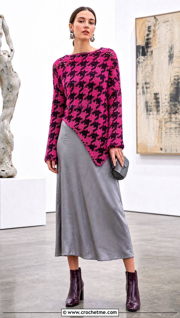 Asymmetrical Crochet Houndstooth Sweater Over Slip Dress - 35 crochet houndstooth sweater outfit ideas