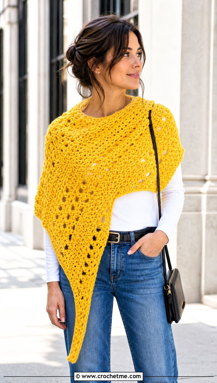 Asymmetrical Crochet Katniss Shawl With Straight Leg Jeans - 20 Crochet Katniss Shawl outfit ideas