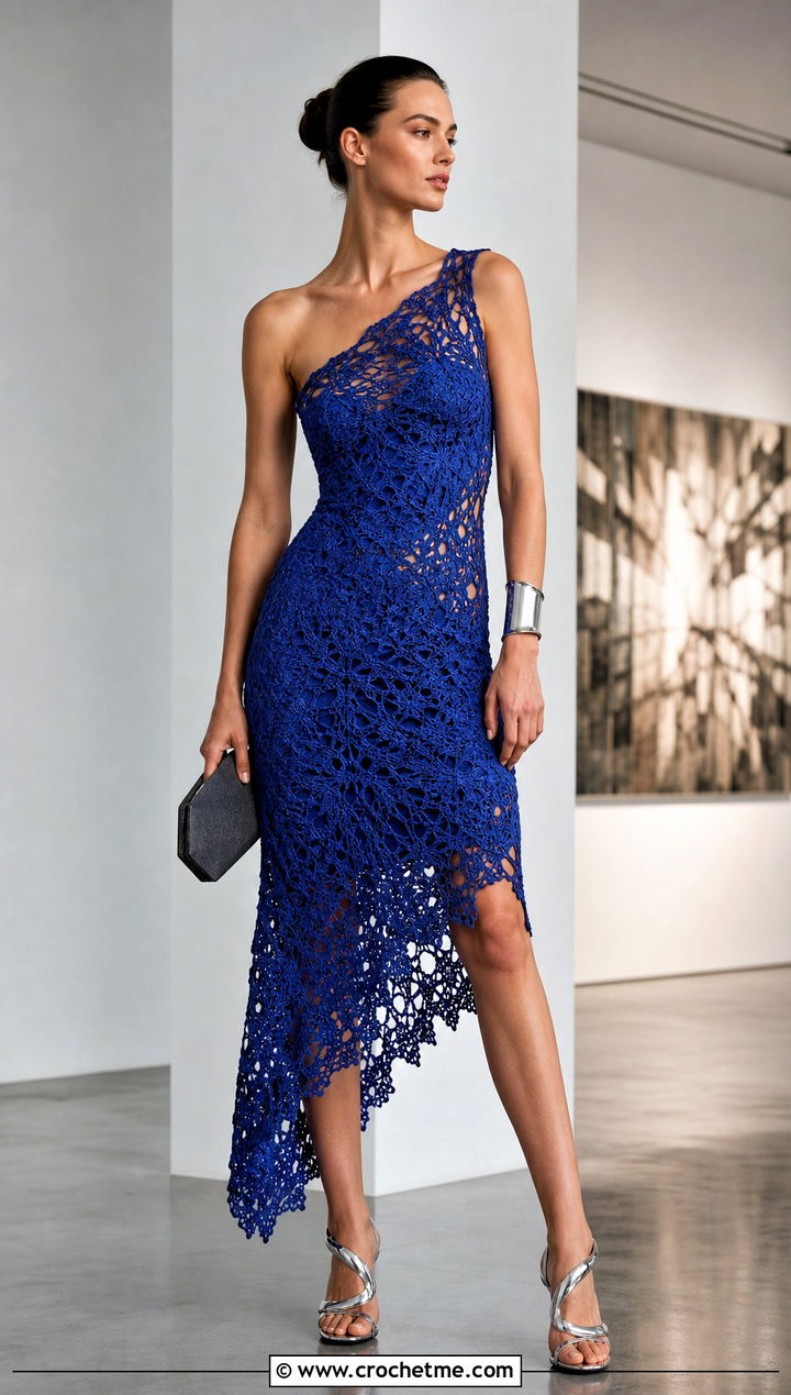 Asymmetrical Crochet Lace Dress With Sculptural Heels - 35 Crochet Lace Dress outfit ideas