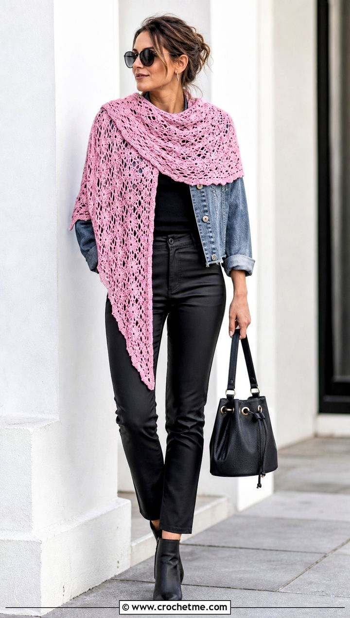 Asymmetrical Crochet Lace Shawl With A Denim Jacket - 30 easy crochet lace shawl outfit ideas
