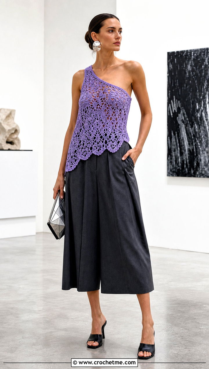 Asymmetrical Crochet Lace Tank Top With Culottes - 30 crochet lace tank top outfit ideas