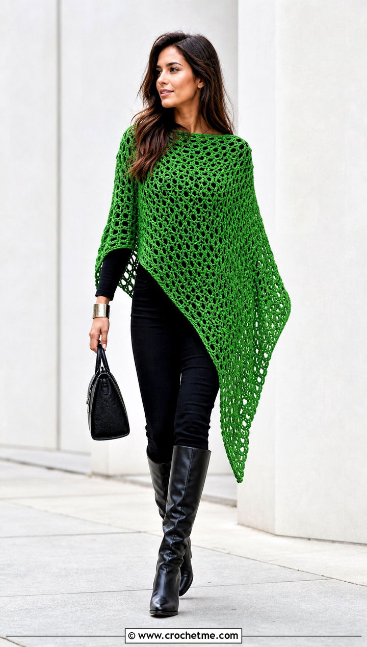 Asymmetrical Crochet Long Poncho With Black Skinny Jeans - 15 Crochet Long Poncho outfit ideas