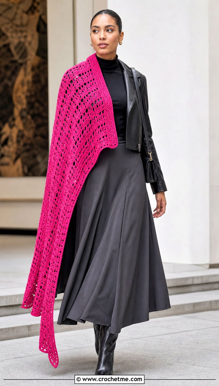 Asymmetrical Crochet Long Shawl With Leather Jacket - 20 Crochet Long Shawl outfit ideas