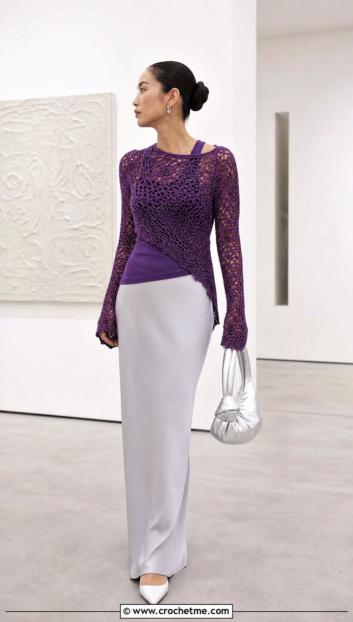 Asymmetrical Crochet Long Sleeve Top With Maxi Skirt - 25 Easy Crochet Long Sleeve Top outfit ideas