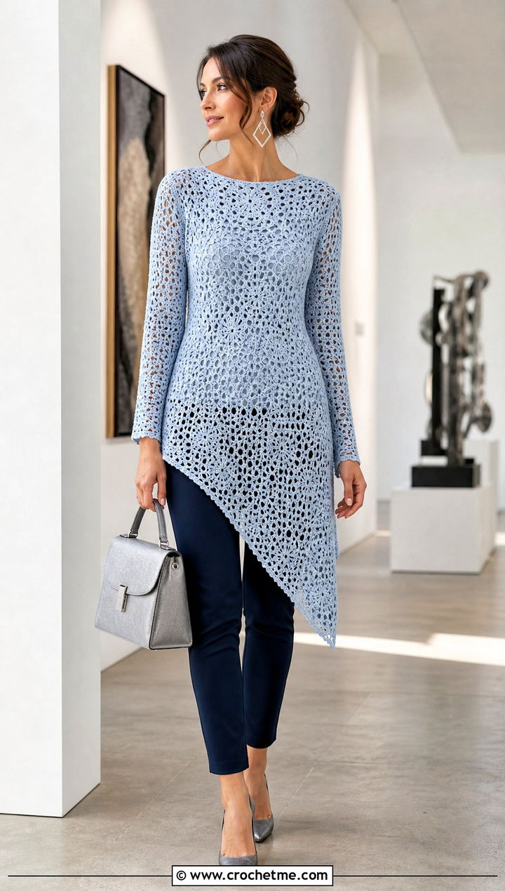 Asymmetrical Crochet Long Sleeve Tunic With Slim Fit Pants - 15 Crochet Long Sleeve Tunic outfit ideas