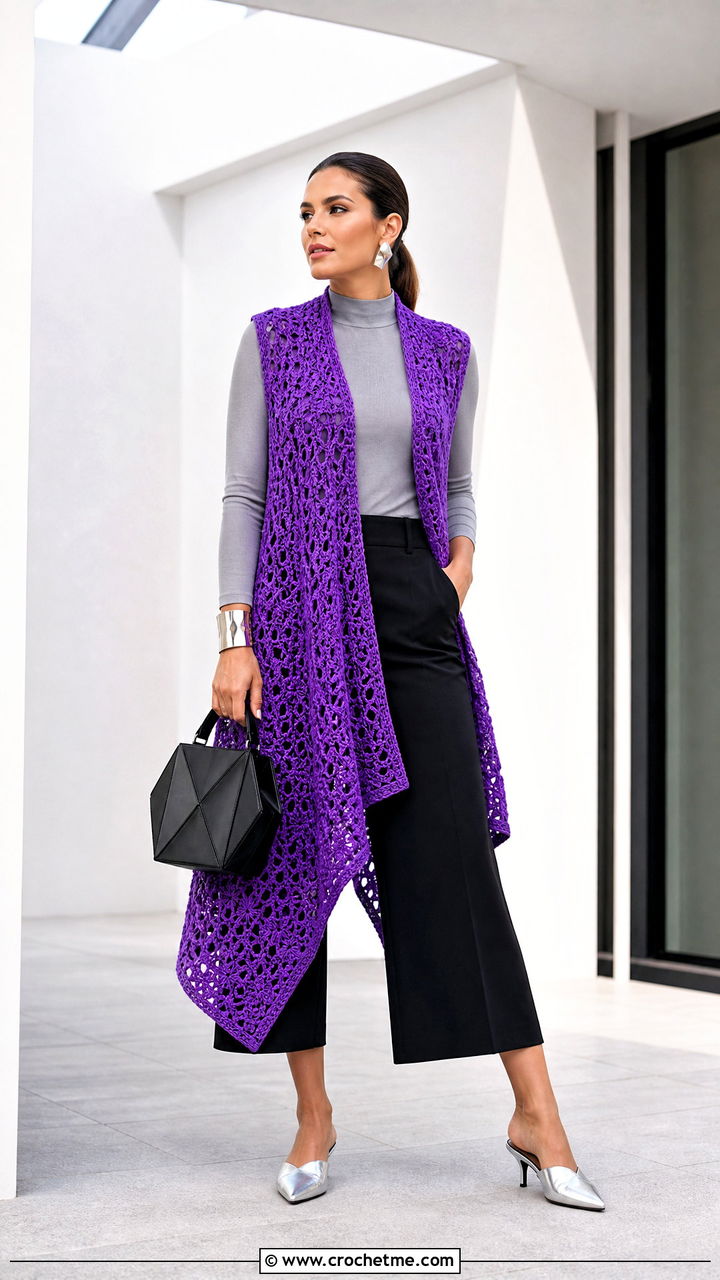 Asymmetrical Crochet Long Vest With Culottes - 35 Crochet Long Vest outfit ideas