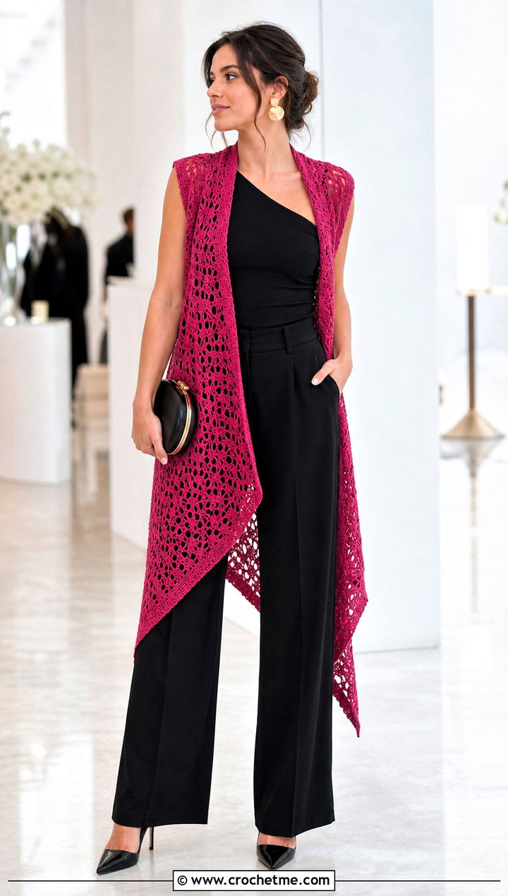 Asymmetrical Crochet Long Vest With Tailored Pants - 25 Easy Crochet Long Vest outfit ideas