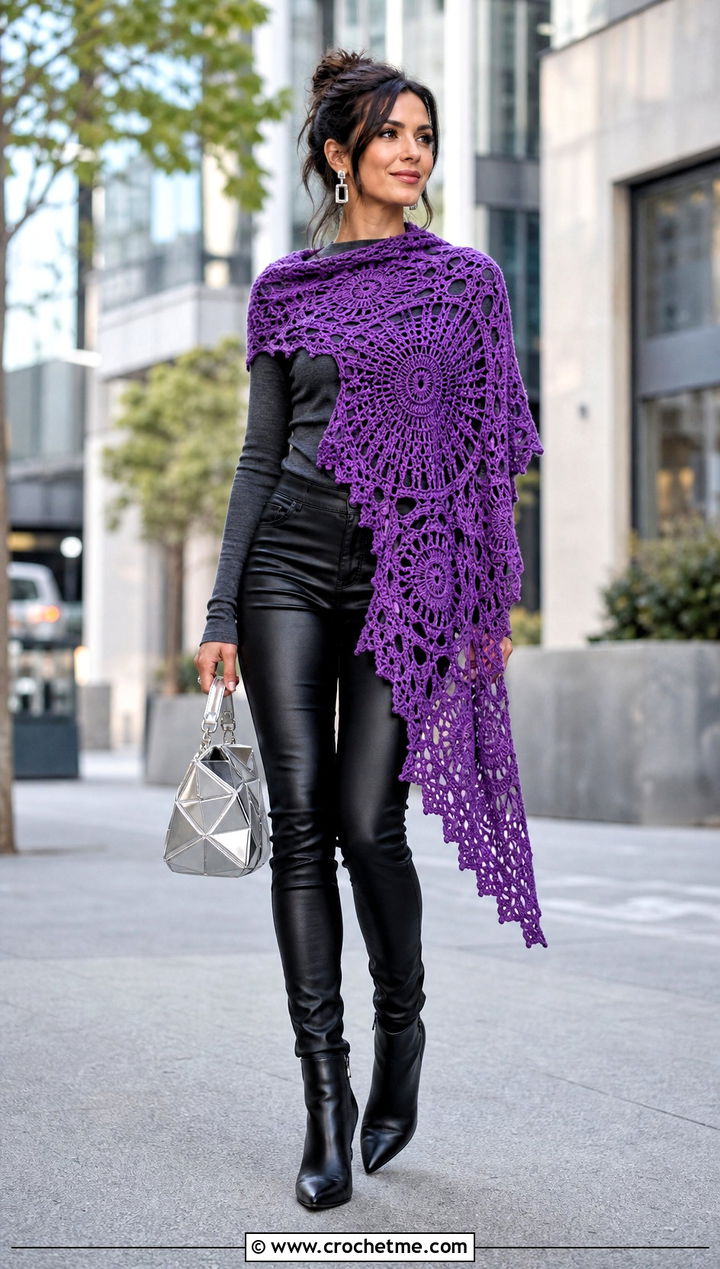 Asymmetrical Crochet Mandala Shawl With Leather Pants - 25 Crochet Mandala Shawl outfit ideas