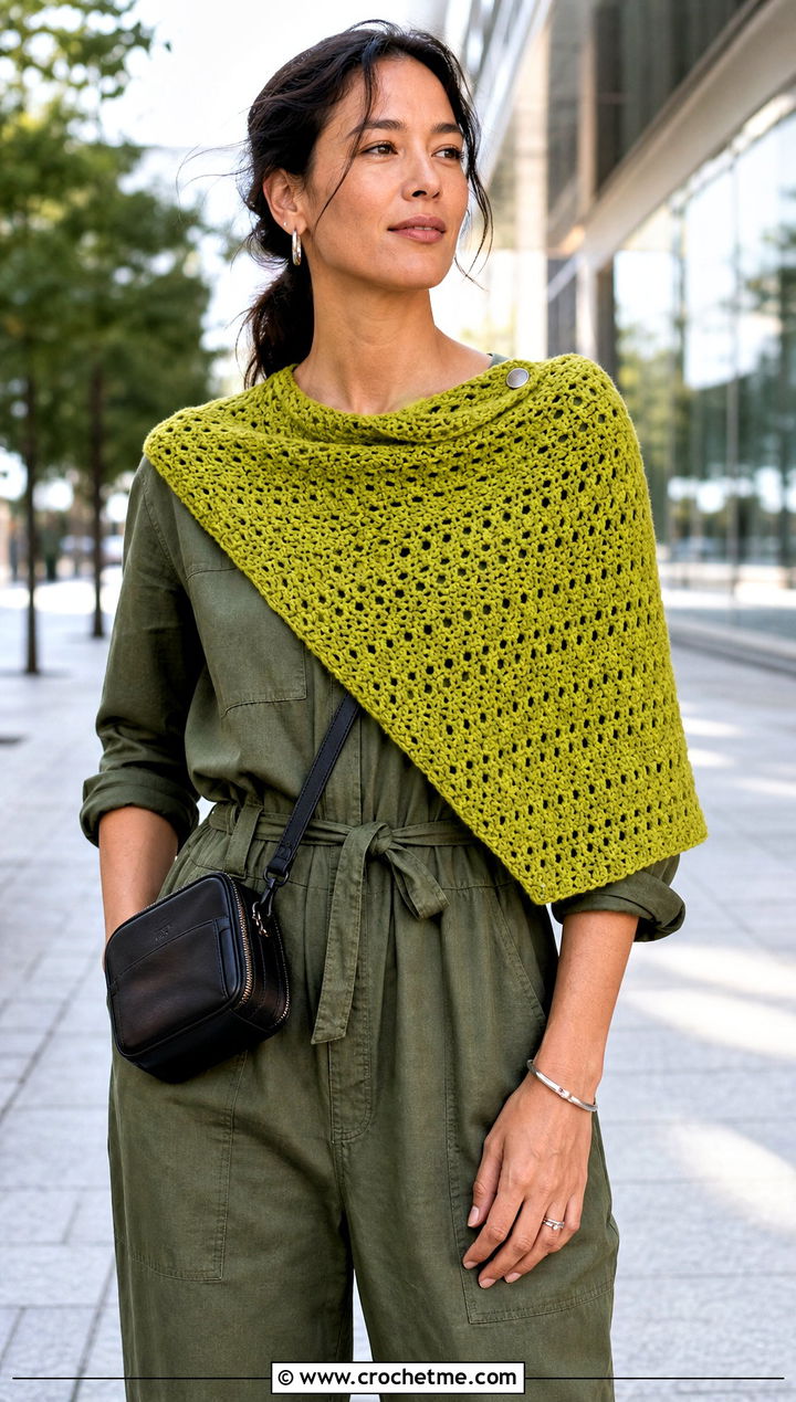 Asymmetrical Crochet Mantle Scarf With Utility Jumpsuit And Sneakers - 20 Crochet Mantle Scarf outfit ideas