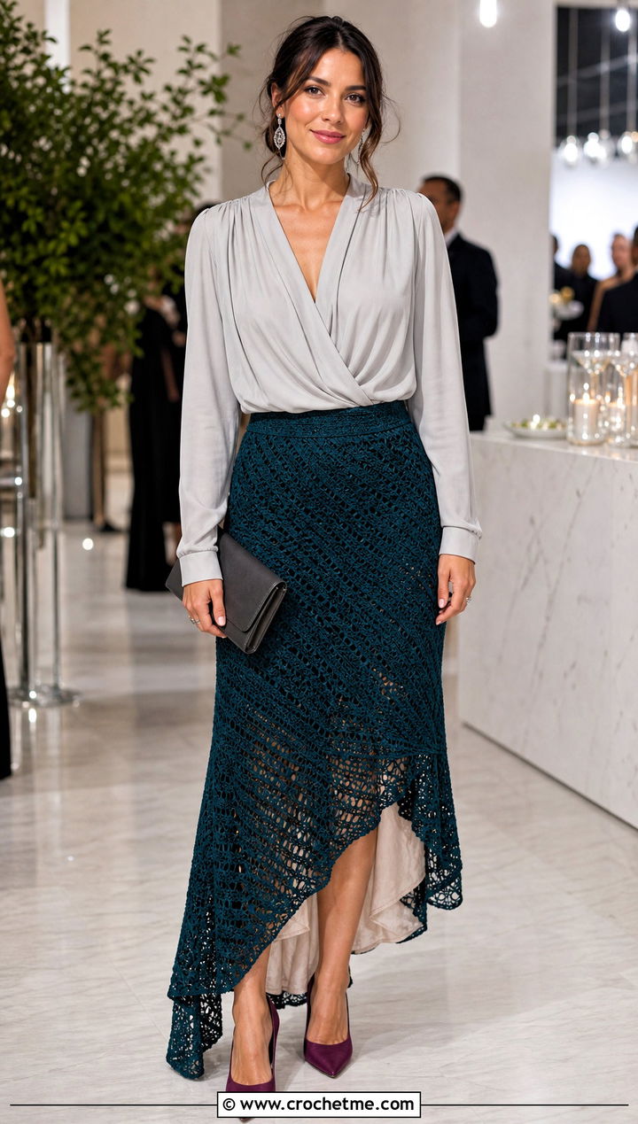 Asymmetrical Crochet Maxi Skirt With Draped Blouse - 30 crocheted maxi skirt outfit ideas