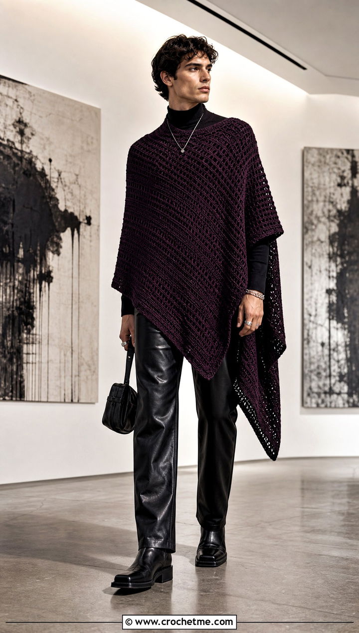 Asymmetrical Crochet Mens Poncho With Leather Pants - 25 crochet men's poncho outfit ideas