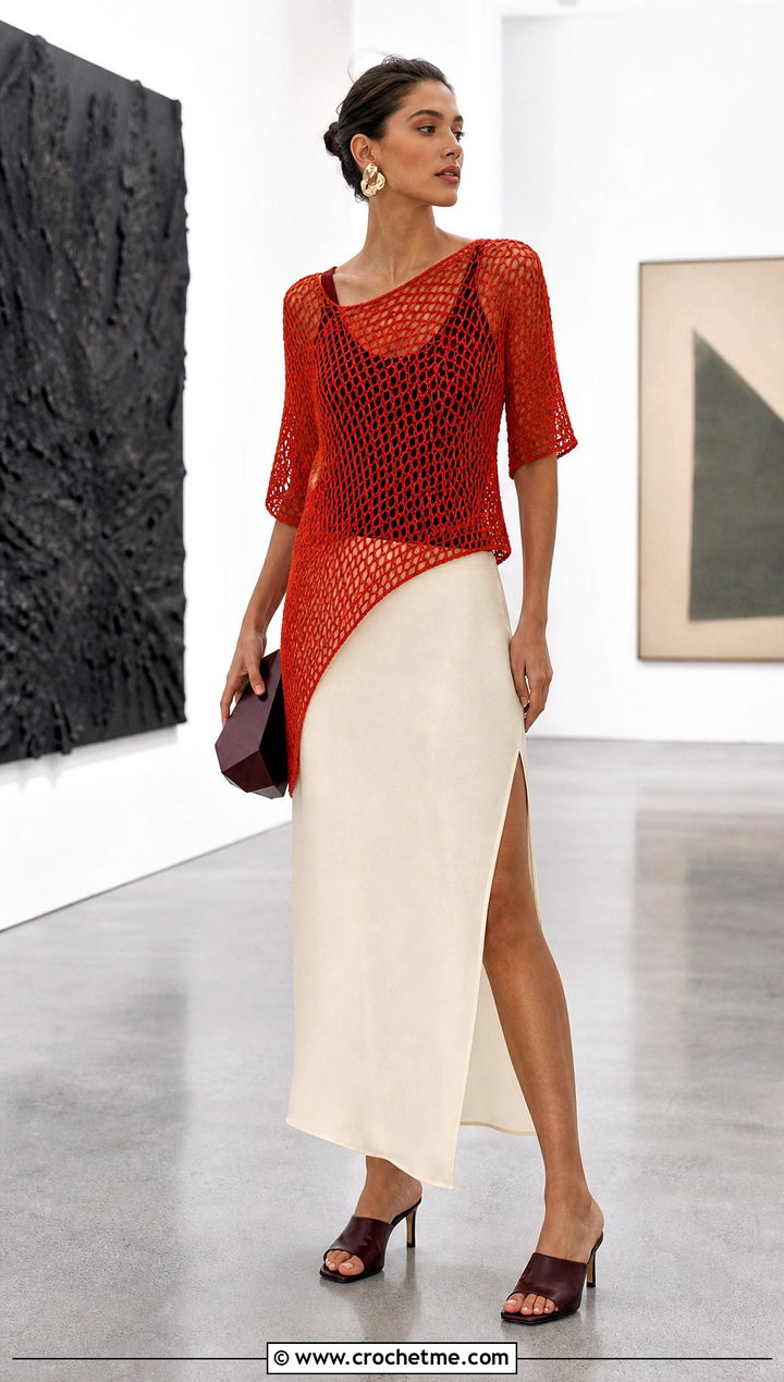 Asymmetrical Crochet Mesh Shirt With Column Skirt - 30 crochet mesh shirt outfit ideas
