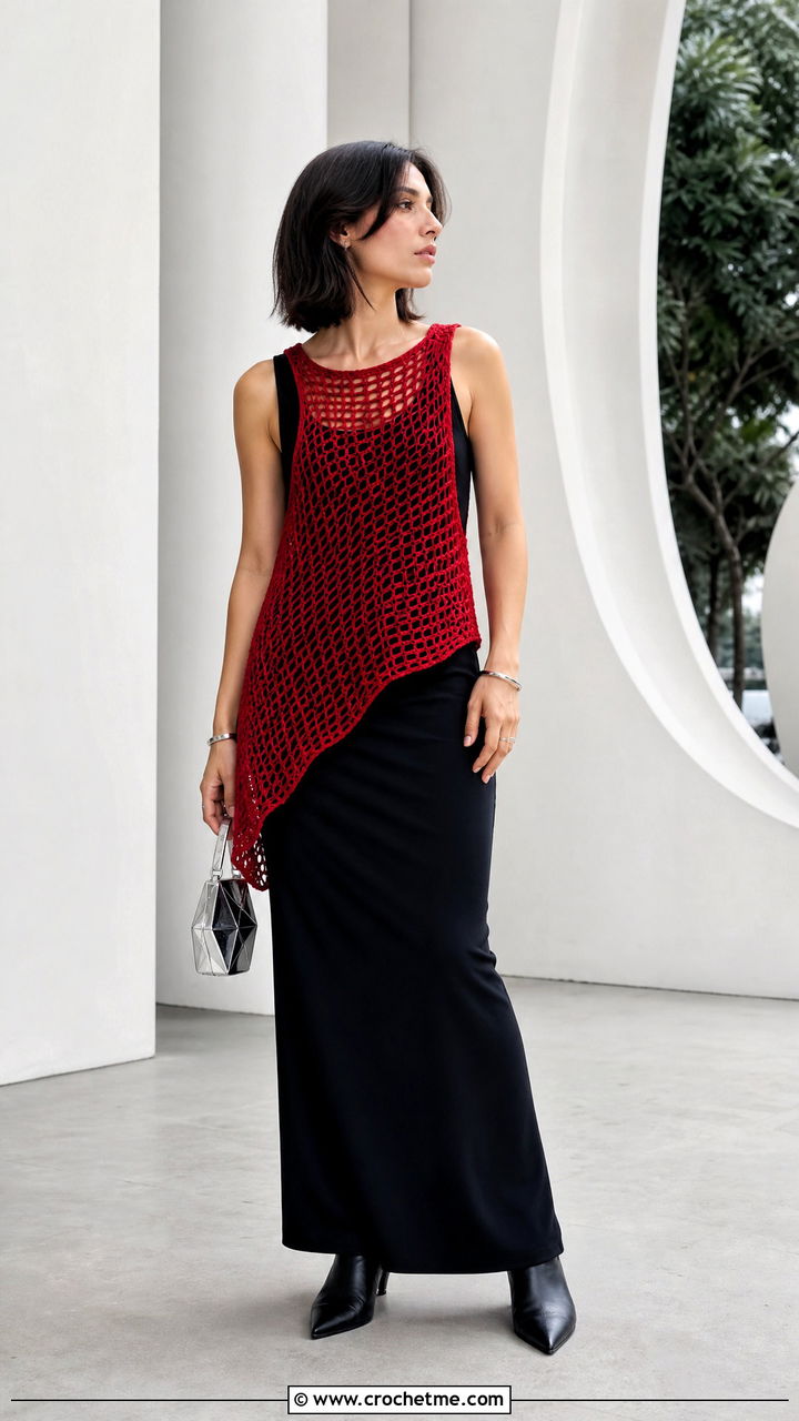 Asymmetrical Crochet Mesh Vest With Black Maxi Skirt - 35 crochet mesh vest outfit ideas