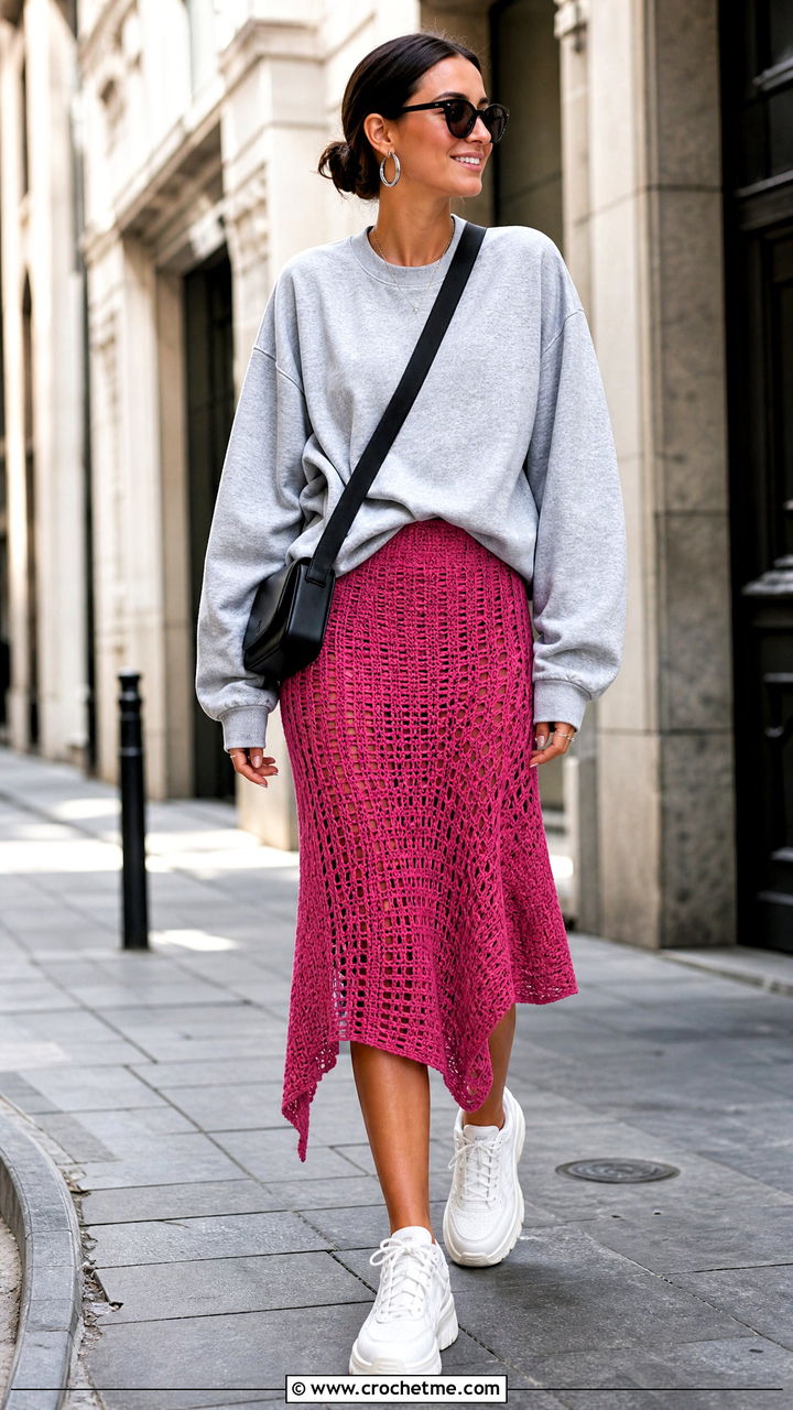 Asymmetrical Crochet Midi Skirt With Oversized Sweatshirt - 35 crochet flowy skirt outfit ideas