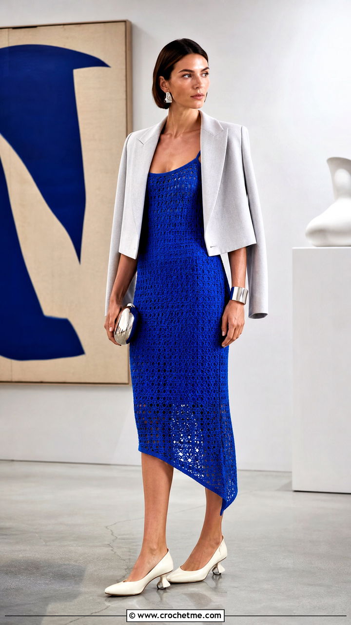 Asymmetrical Crochet Midi Sundress With Sculptural Heels - 35 crochet sundress outfit ideas