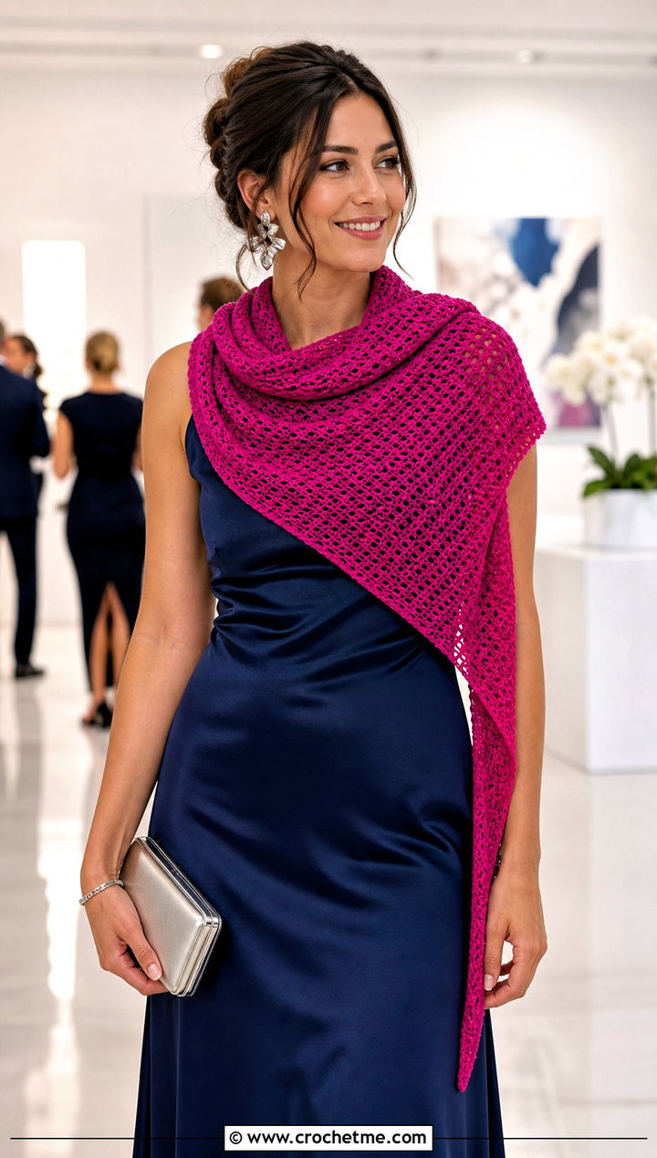 Asymmetrical Crochet Mood Scarf With Satin Dress And Heels - 15 Crochet Mood Scarf outfit ideas