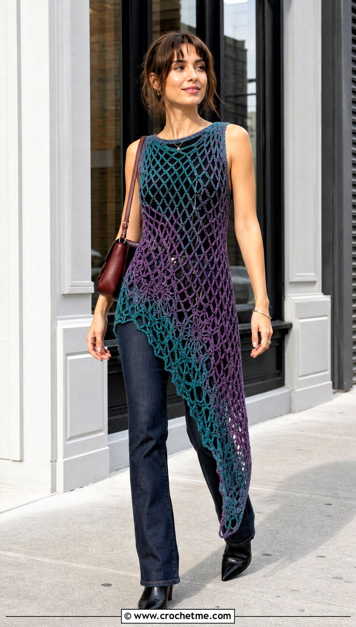 Asymmetrical Crochet Net Dress With Straight Leg Jeans - 25 crochet net dress outfit ideas