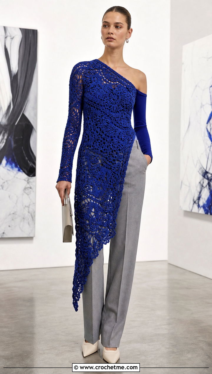 Asymmetrical Crochet Nightgown With Tailored Pants - 35 crochet nightgown outfit ideas