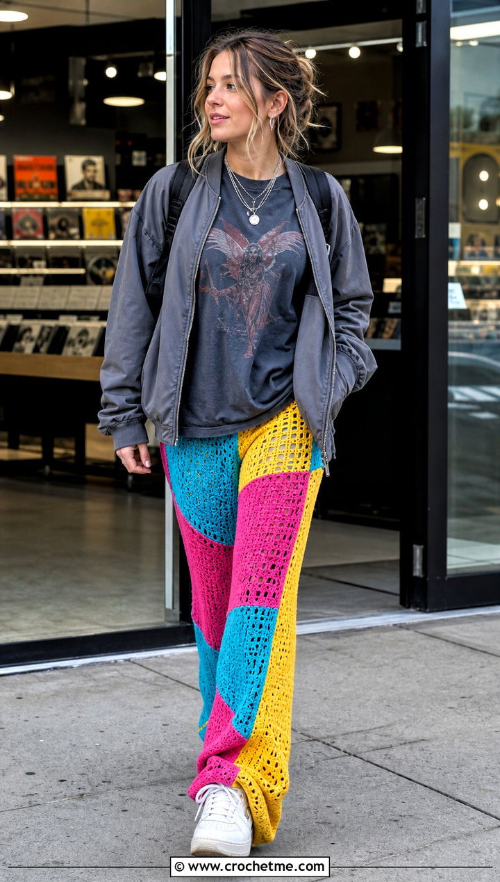 Asymmetrical Crochet Patchwork Pants With Graphic T Shirt - 15 Crochet Patchwork Pants outfit ideas
