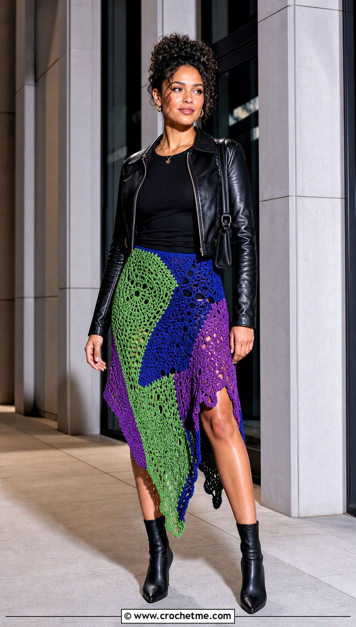 Asymmetrical Crochet Patchwork Skirt With Leather Jacket - 30 crochet patchwork skirt outfit ideas