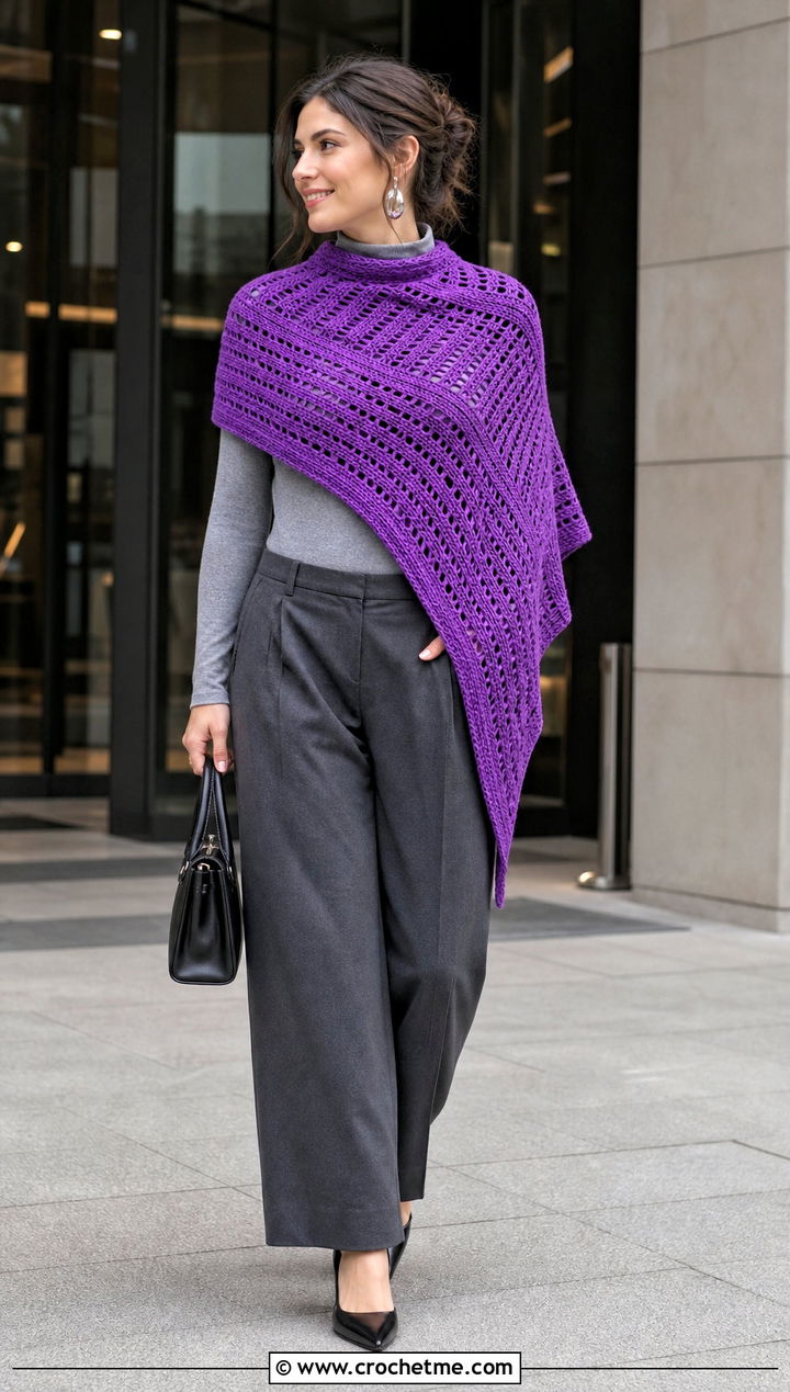 Asymmetrical Crochet Poncho Shawl With Tailored Trousers - 20 crochet poncho shawl outfit ideas
