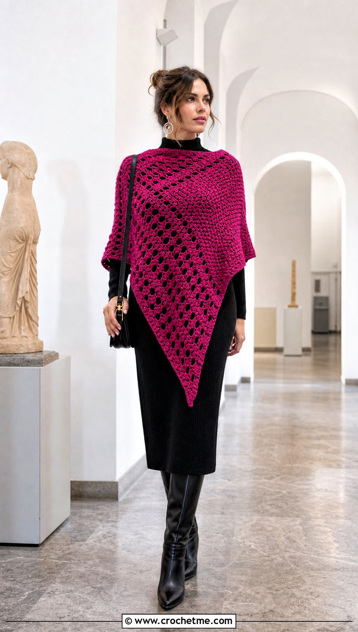 Asymmetrical Crochet Poncho With A Knit Midi Dress - 15 Winter Crochet Poncho outfit ideas