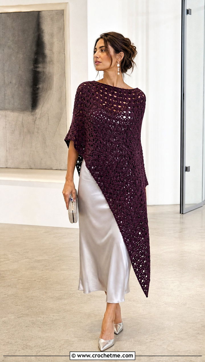 Asymmetrical Crochet Poncho With A Slip Dress - 15 Easy Crochet Ponchos outfit ideas