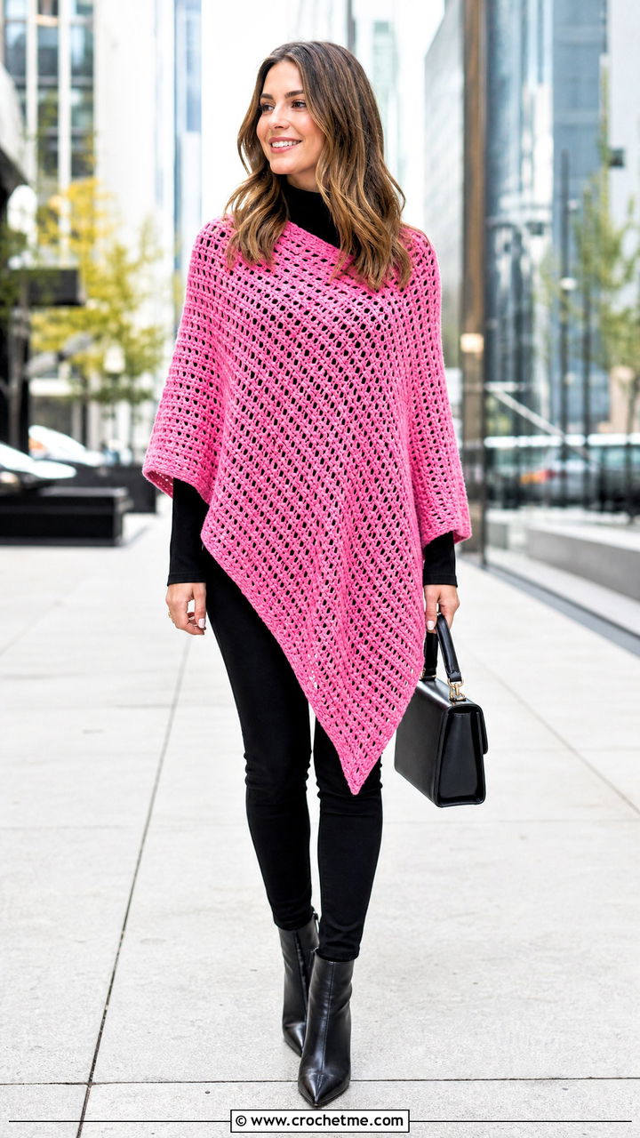 Asymmetrical Crochet Poncho With Black Skinny Jeans - 35 crochet poncho woman outfit ideas