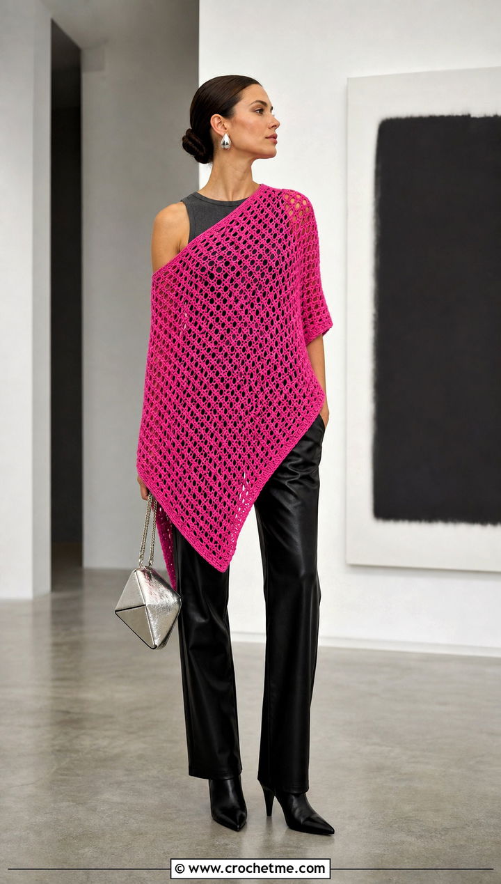 Asymmetrical Crochet Poncho With Leather Pants - 25 Beginner Crochet Poncho outfit ideas