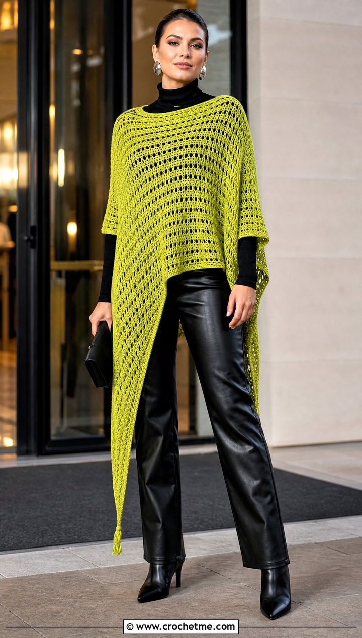 Asymmetrical Crochet Poncho With Leather Pants - 25 Easy Simple Crochet Poncho outfit ideas