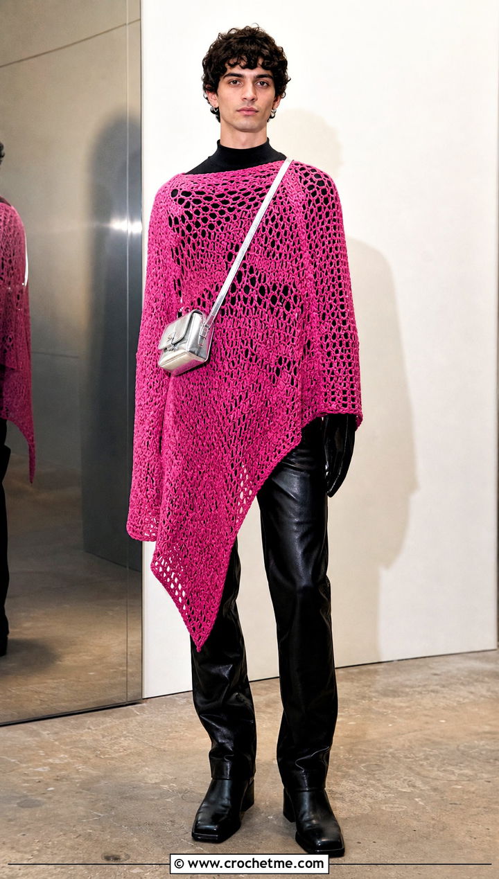 Asymmetrical Crochet Poncho With Leather Pants - 25 mens crochet poncho outfit ideas