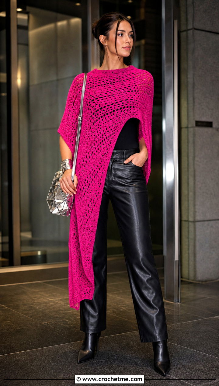 Asymmetrical Crochet Poncho With Leather Pants - 15 Crochet Womens Poncho outfit ideas
