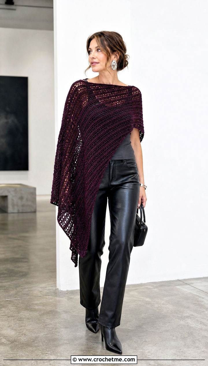 Asymmetrical Crochet Poncho With Leather Pants - 15 Quick Crochet Poncho outfit ideas