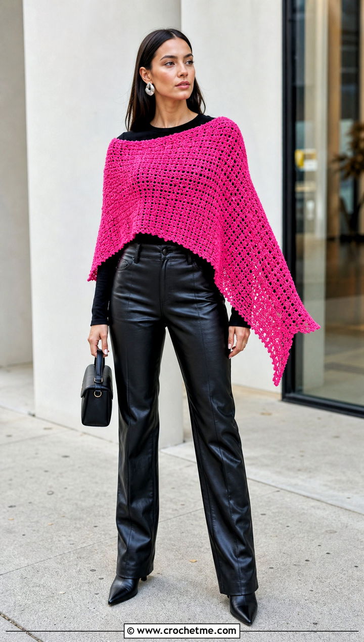 Asymmetrical Crochet Poncho With Leather Pants - 20 crochet lightweight poncho outfit ideas