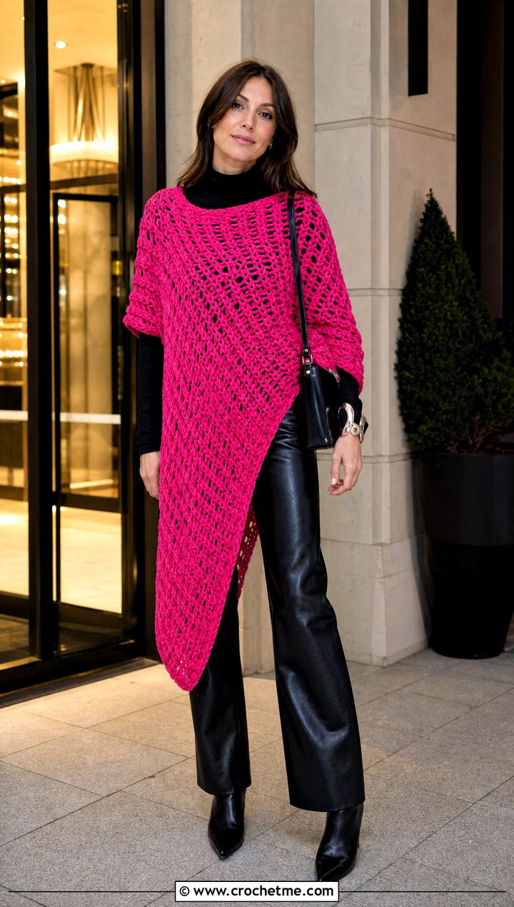 Asymmetrical Crochet Poncho With Leather Pants - 20 crochet poncho for women outfit ideas