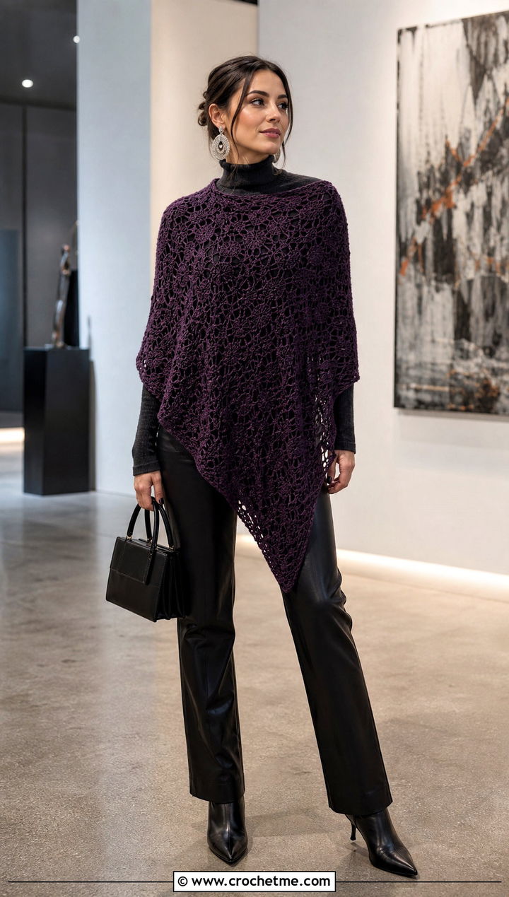Asymmetrical Crochet Poncho With Leather Pants - 25 Crochet For Poncho outfit ideas