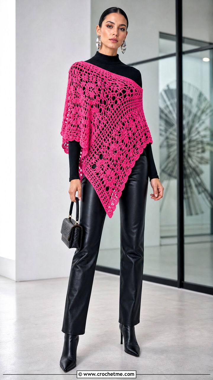 Asymmetrical Crochet Poncho With Leather Pants - 35 easy crochet poncho outfit ideas