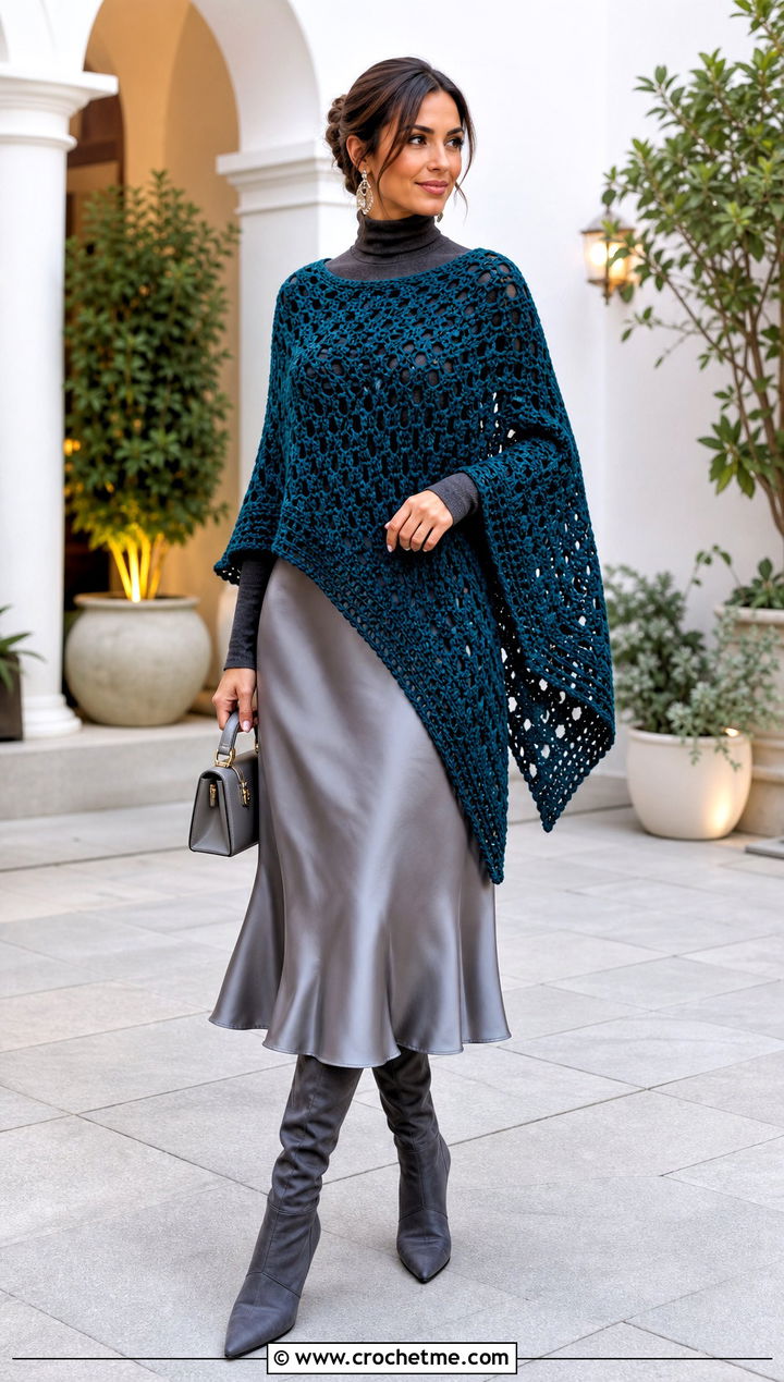 Asymmetrical Crochet Poncho With Midi Skirt - 20 Crochet Fall Poncho outfit ideas