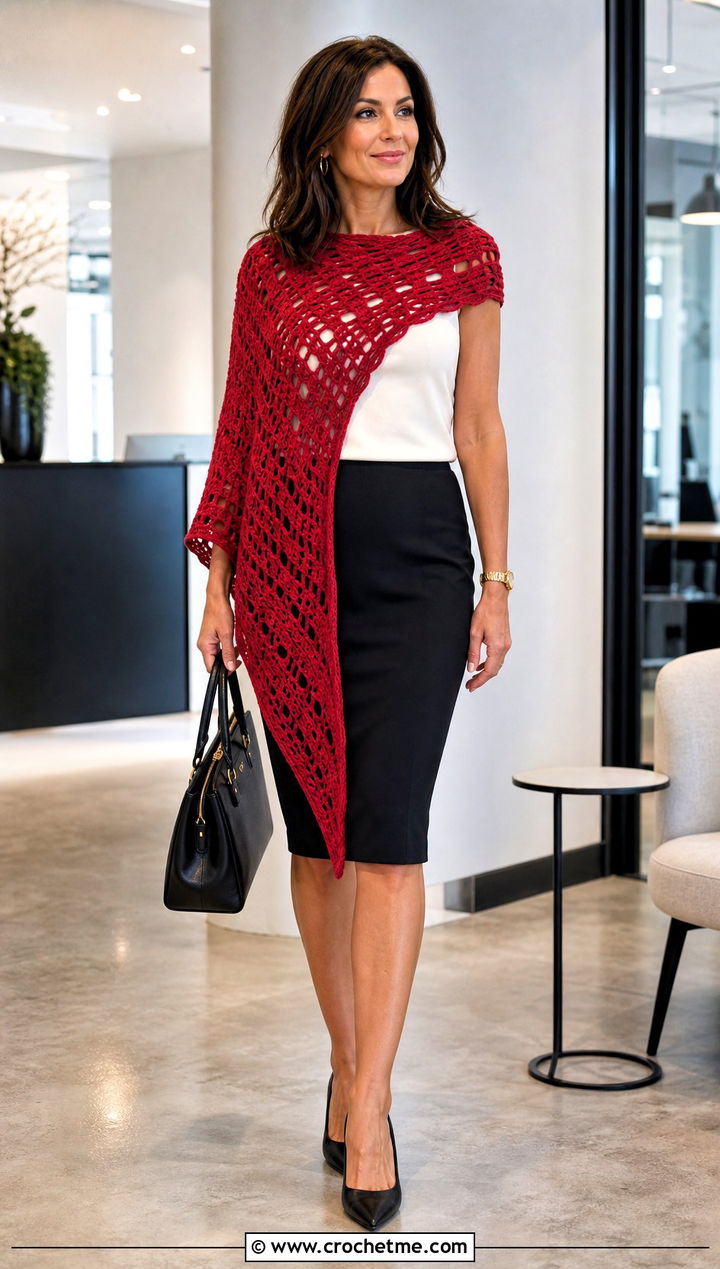 Asymmetrical Crochet Poncho With Pencil Skirt - 20 Easy Crochet Poncho For Beginners outfit ideas