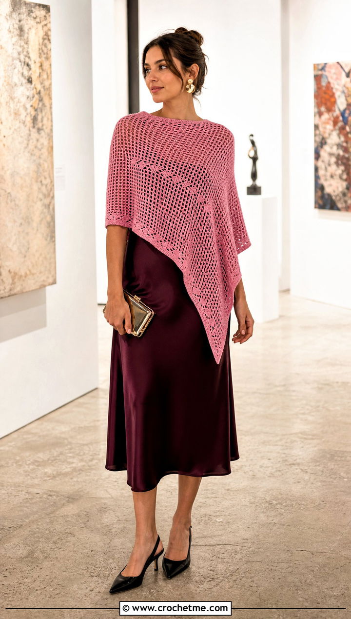 Asymmetrical Crochet Poncho With Satin Slip Dress - 15 diy crochet poncho outfit ideas