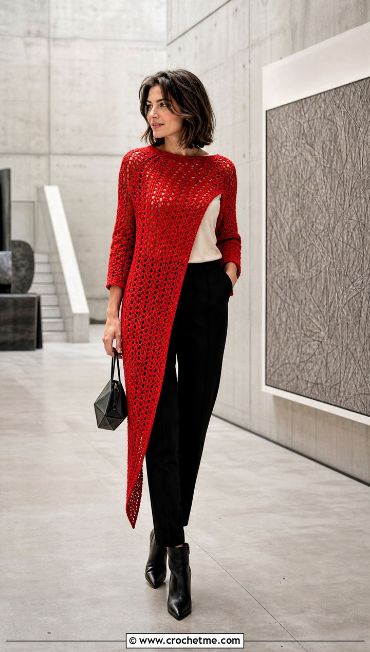 Asymmetrical Crochet Poncho With Sleeves And Slim Pants - 30 crochet poncho with sleeves outfit ideas