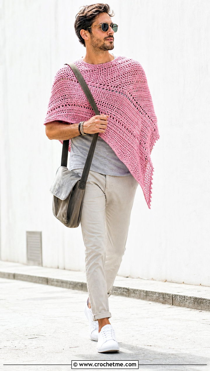 Asymmetrical Crochet Poncho With Slim Chinos - 30 men crochet poncho outfit ideas