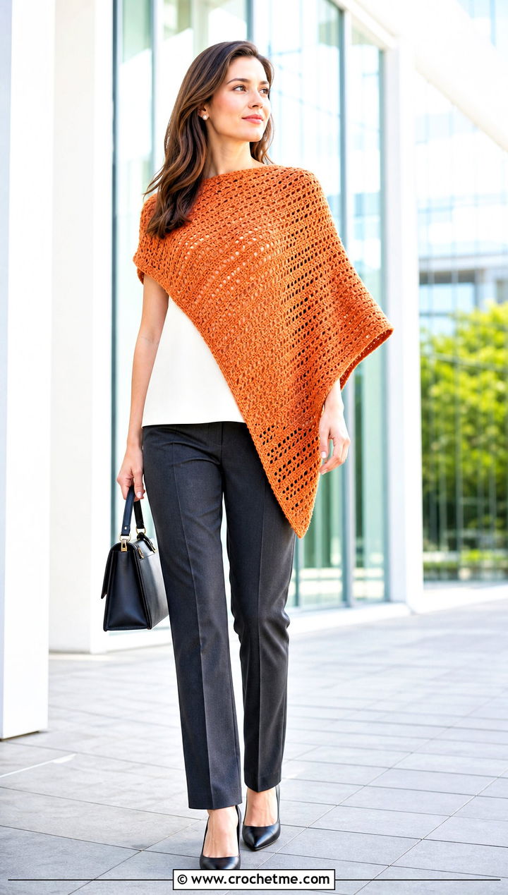 Asymmetrical Crochet Poncho With Tailored Trousers - 15 Crochet For Ponchos For Women outfit ideas