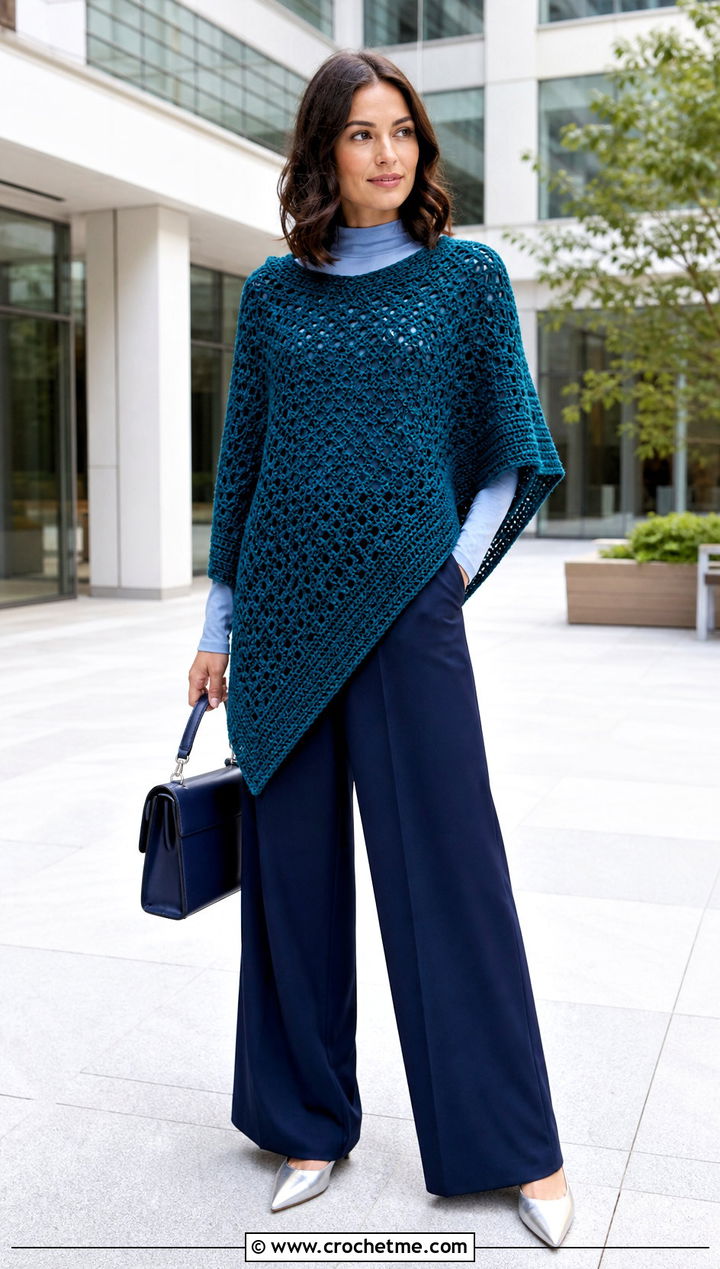 Asymmetrical Crochet Poncho With Tailored Trousers - 15 Modern Crochet Poncho outfit ideas